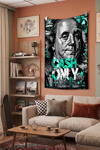 Cash Only Para Temalı Duvar Örtüsü, Modern Genç Odası Dekoru, Baskılı Kumaş Duvar Halısı Beyaz