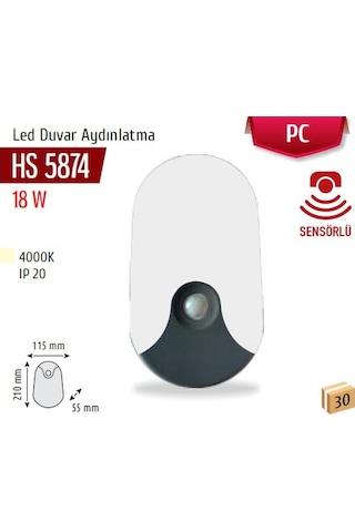 18w Sensörlü Led Duvar Armatürü, Naturel Beyaz, Beyaz Kasa Hs 5874 Beyaz