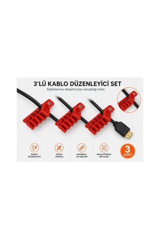 3'lü Kablo Düzenleyici Kablo Tutucu Masa Kablo Organizeri Hdmı Usb Şarj Kablosu Düzenleme Aparatı Vidalı Kablo Sabitleyici Kırmızı