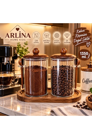 İkili 1350 Ml Akasya Kapaklı Kaşıklı Akasya Standlı Cam Kavanoz Seti Kahverengi