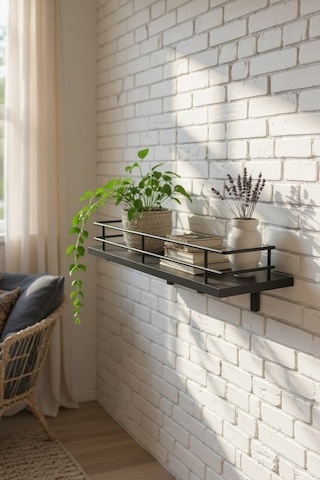 Modern Tasarımlı Metal Korkuluklu Siyah Ahşap Duvar Rafı Siyah