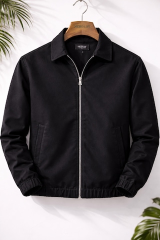 Mero Life Erkek Basic Old Money Fermuarlı Oversize Mevsimlik Polo Yaka Gabardin Kumaş Siyah Ceket