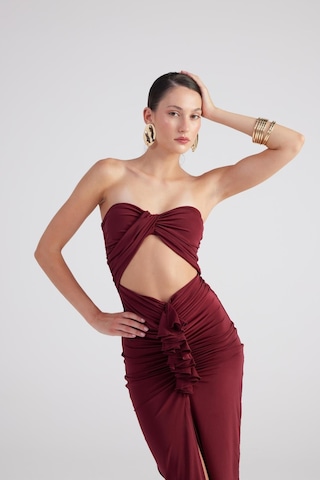 Holly Lolly Büzgü Detaylı Straplez Yırtmaçlı Hailey Elbise Bordo