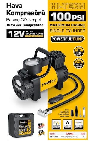 Sgs5390 - 12 Volt 100 Psı Araç Oto Lastik Hava Kompresörü Basınç Göstergeli