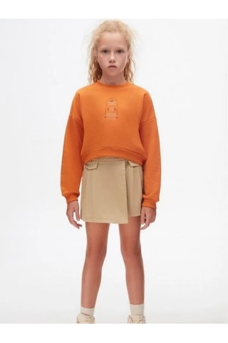 Kız Çocuk Pamuklu İki İplik Crop Sweatshirt-14706 Turuncu