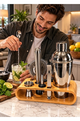 10 Parça Bambu Standlı Kokteyl Shaker Seti 750 Ml