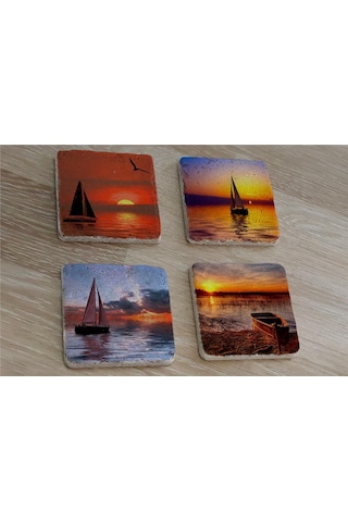 Gün Batımında Yelkenliler Doğal Taş Bardak Altlığı 4'lü Set - Natural Stone Coasters - Taş Çok Renkli