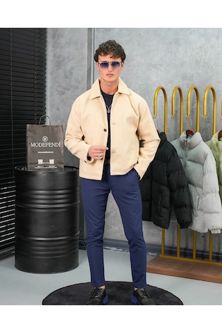 Modefendi Orta Slim Fit Düğme Detaylı Kaşmir Kaban Bej