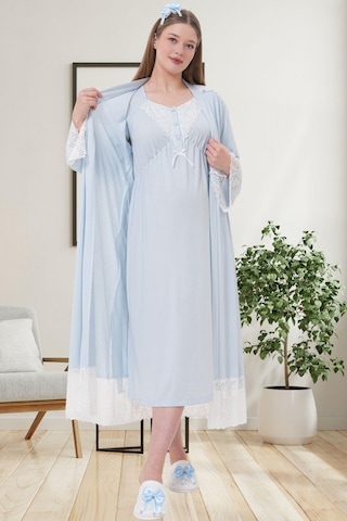 Mecit Pijama Mecit 6204 Mavi Hamile Lohusa Dantelli Sabahlık Gecelik Takım