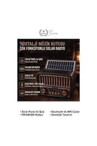 Solarradyo Güneş Panelli Şarjlı Nostaljik Fm Radyo Bluetooth Hoparlör Aux Usb Tf Kart Girişli Am Sw
