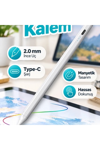Universal Dokunmatik Kalem 2.0 Mm İnce Uçlu Type-c Şarjlı Manyetik Tasarım