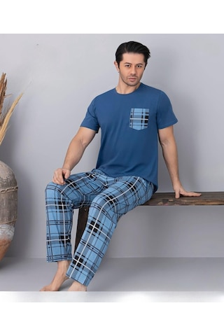 Pijamoni Erkek Bisiklet Yaka Kısa Kol İnce Pijama Takımı 6163/10 - 1 Adet Mavi