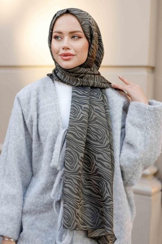 İpekseli Çift Taraflı Zebra Vual Şal Haki Çok Renkli