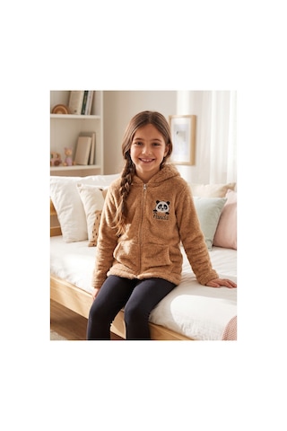 Deniva Kids Çocuk Bisküvi Kahverengi Panda Nakışlı Pelüş Fermuarlı Kapüşonlu Sweatshirt & Hırka