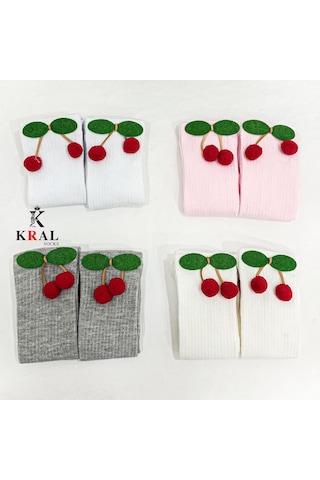 Kral Socks Kız Çoçuk Çorap Kiraz Desenli Renkli Pamuklu Okul Çorabı
