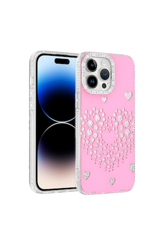 Apple iPhone Uyumlu 14 Pro Max Kılıf Damla Taşlı Zore Rivas Sert Pc Kapak - Pembe