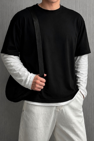 Tarz Cool Erkek Beyaz Siyah Katmanlı Bisiklet Yaka %100 Pamuk Oversize Tişört