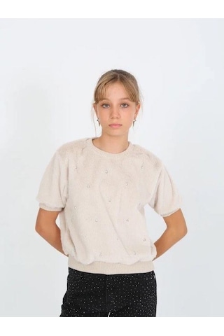 Kız Çocuk Kışlık Peluş Taşlı Yarım Kollu Tasarım Kazak-14821 Krem