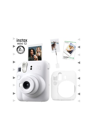 Fujifilm Instax Mini 12 Fotoğraf Makinesi + 10'lu Film + Kıskaçlı Resim Standı + Silikon Kılıf Seti Beyaz