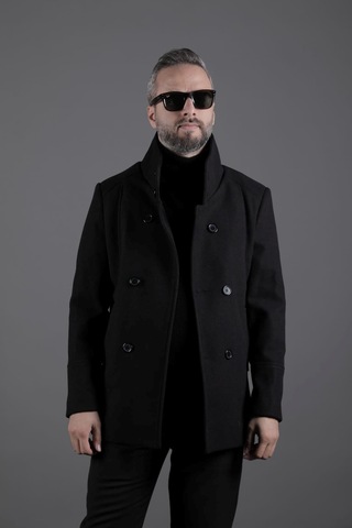 Ohepmoda Yaka Ve Kol Detaylı Erkek Kaşe Kaban Siyah