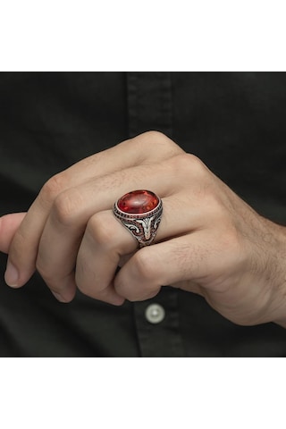 Oval Sentetik Kehribar Taşlı 925 Gümüş Erkek Yüzük
