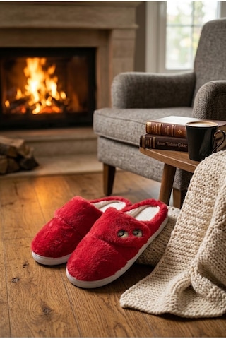 Relaxa Kadın Peluş Ev Terliği, Yumuşak Kürklü,yumuşak Tabanlı, Sıcak Kışlık Terlik Kırmızı
