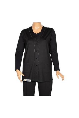 Hesna Kadın Umut Battal Beden Beş Düğmeli Cepli Penye Siyah Yelek Siyah