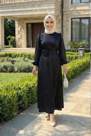 Hb Harma Time Butik Kadın İnci Detaylı Kuşaklı Siyah Saten Elbise