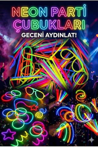 100 Adet Fosforlu Glow Stick Parti Seti Bileklik, Kolye Ve Eğlenceli Işık Çubukları Çok Renkli