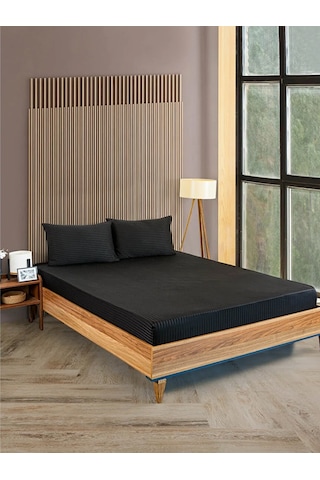 Siyah Pamuklu Çizgili Saten Lastikli Çarşaf Takımı Tek Kişilik + 1 Yastık Kılıfı Siyah