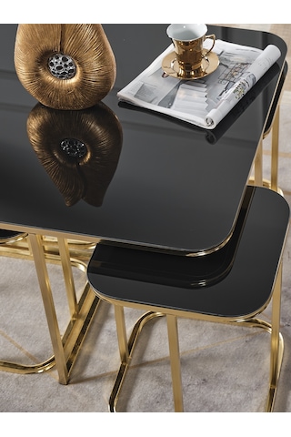 Pelikan 4+1 Siyah Aynalı Temperli Cam Gold Metal Ayak Takım Sehpa Sedaş Living Units Sehpa