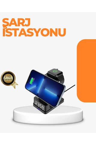 Mey İthalat 4 Ü 1 Arada Kablosuz Şarj İstasyonu Led Saat Ekranlı, Apple Uyumlu, Akıllı Güvenlik K