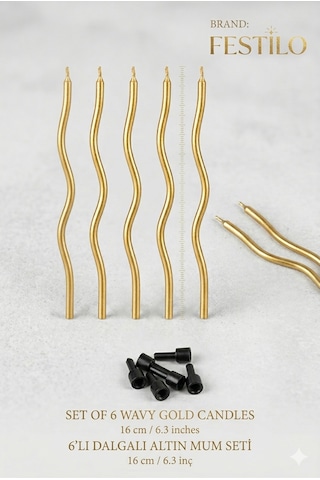 6 Lı Kıvrımlı Mum Gold Pasta Süsü Spiral Mum Pasta Mumları 16 Cm