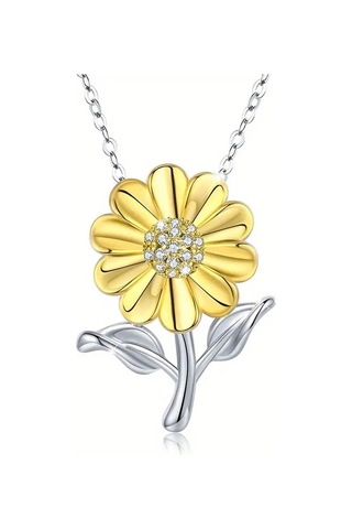 Güneş Çiçeği Büyük Sarı Çiçek Ve Açık Renkli Kolye 925 Ayar Gümüş Zincir Çok Renkli