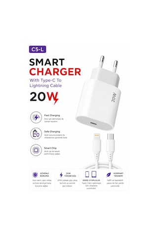 C5l Smart Charger 20w Type C To Lightning Kablolu Hızlı Şarj Aleti Fast Charging Smart Chip Safe Charging Usb C Adaptör Ve Şarj Kablosu
