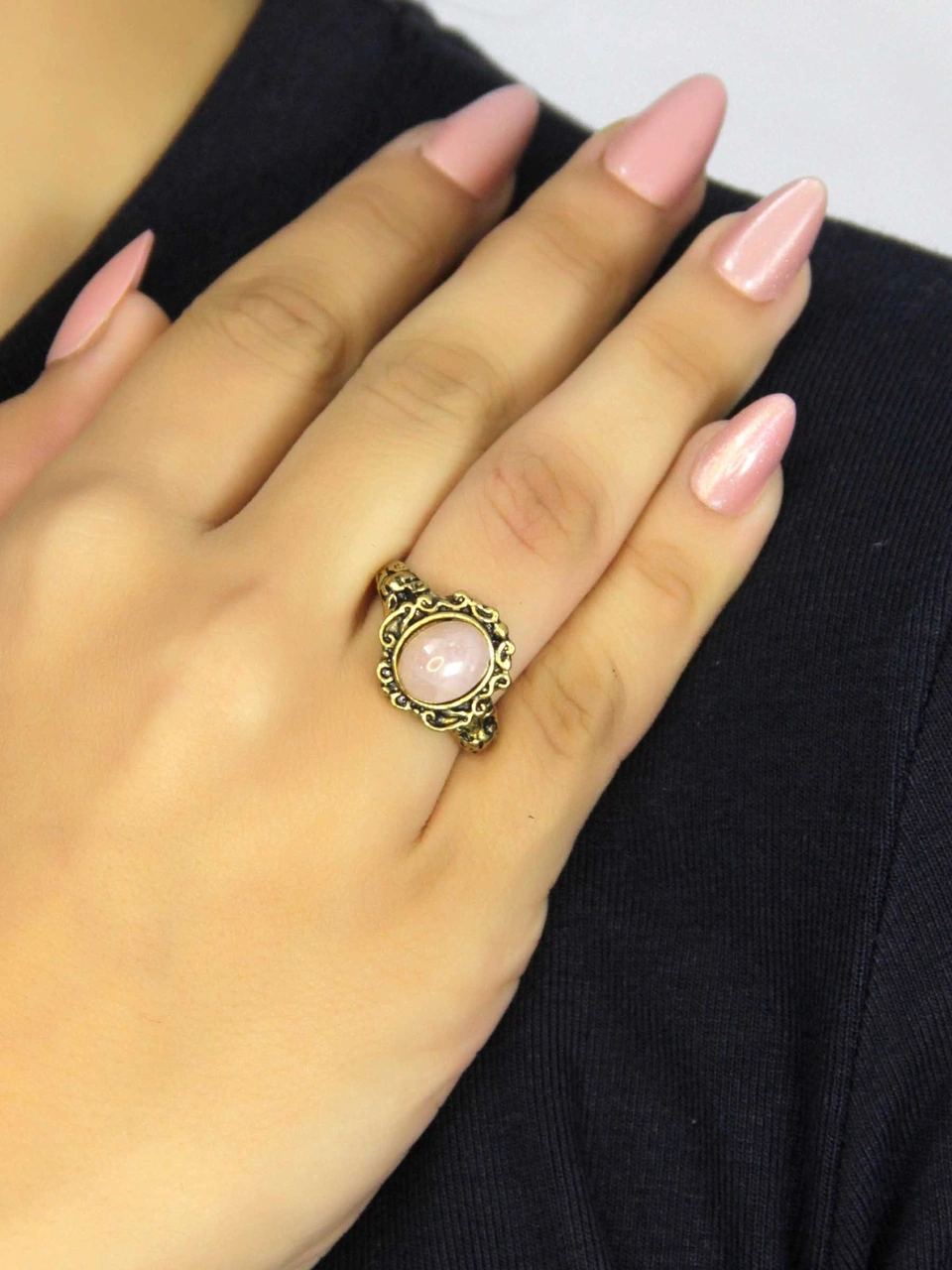 Doğal Taş Pembe Kuvars Taşlı Antik Model Kadın Ayarlanabillir Yüzük Euy80pk Pembe