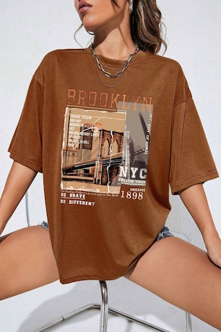 Unisex Brooklyn Baskılı Tasarım Tshirt Kahverengi