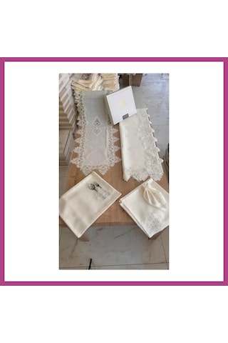 Gees Global Sofra Takımı Mimoza Gardenya Keten Yemek Takımı 160x220 Masa Seti 26 Parça Runner Set Krem Gbzs