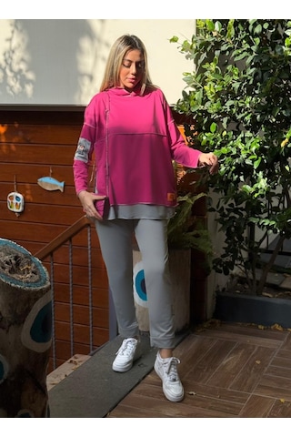 Ge Ticaret Kadın Pembe Kapşonlu Etek Ucu Detay Arma Ters Dikiş Gorunumlu Ikili Takım Pembe