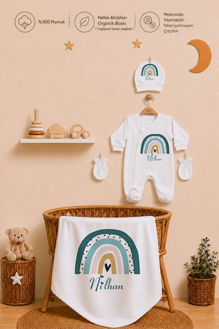 Pia Baby Kişiye Özel Erkek Bebek Tulum Set 4 Parça %100 Pamuk İsimli Organik Baskılı Battaniyeli 1095btyx Krem