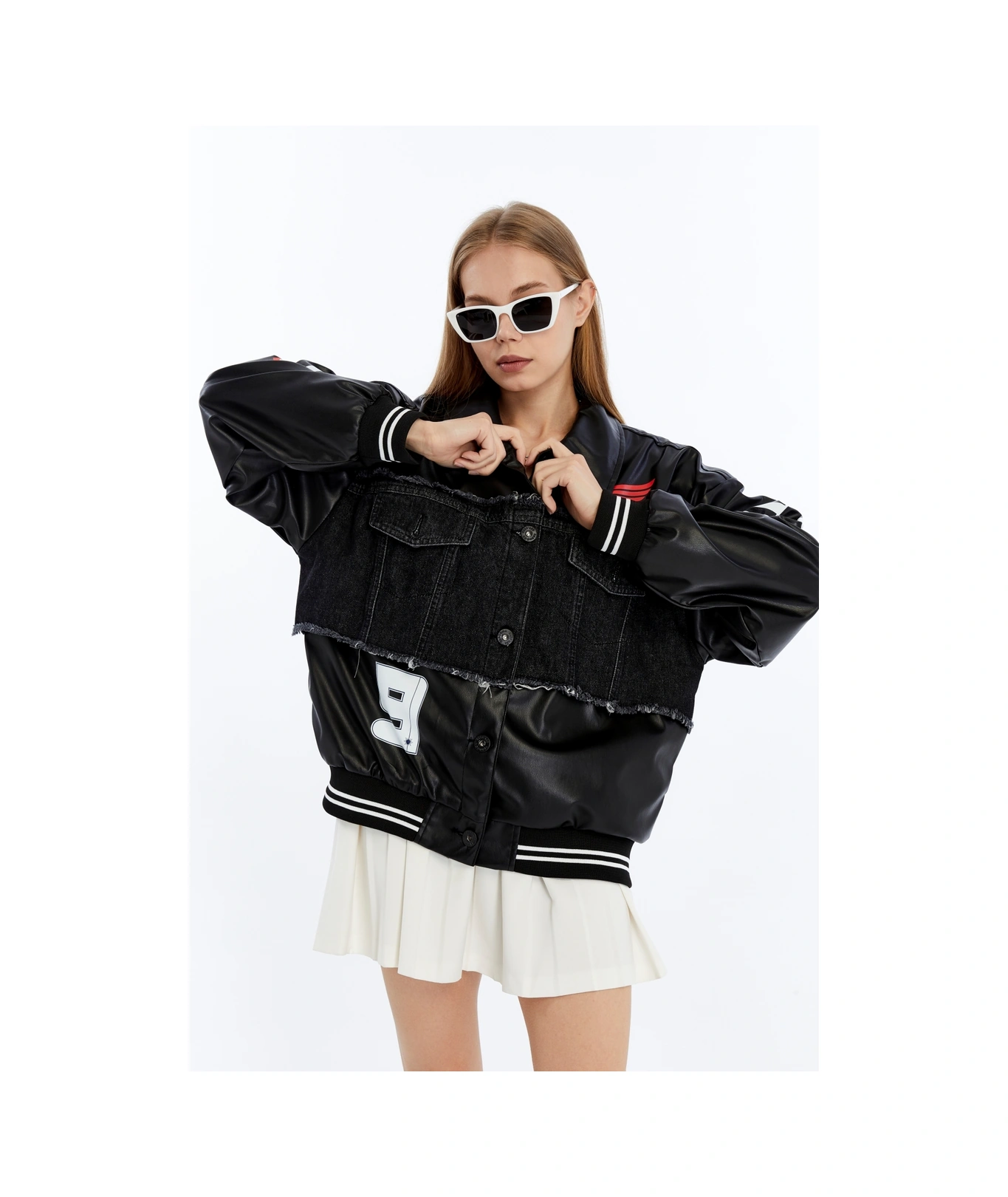 Kadın Oversize Deri Ve Kot Birleşimi Baskılı Kolej Mont Ribanalı Bomber Ceket Motorcu Yarışçı Mont Siyah