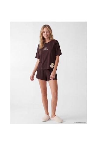 LC Waikiki Alıta Cıty Farkıyla Lcw Young Kahverengi Penye Nakışlı Kısa Kollu Kadın Şortlu Pijama Takımı Kahverengi - 929695175 Kahverengi