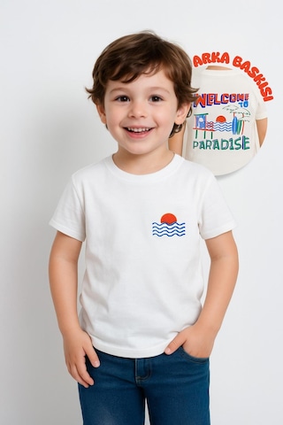 Erkek Çocuk %100 Pamuklu Kabartma Baskılı Tişört 3-4 Yaş 8-9 Yaş Beyaz