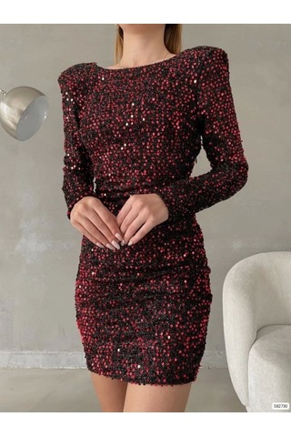 Kadın Uzun Kollu Vatka Detay Full Pul Payet Mini Elbise Kırmızı