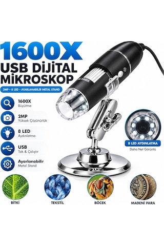 Luve Store 1600x Usb Dijital Mikroskop 2mp Kamera 8 Led Işıklı Metal Standlı