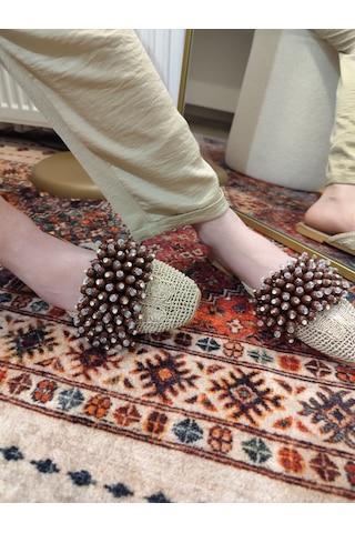 My Stil Moda Kadın Önü Kapalı Hasır Terlik Boncuk İşlemeli Çeyiz, Günlük, Misafir Ev Terliği Vizon