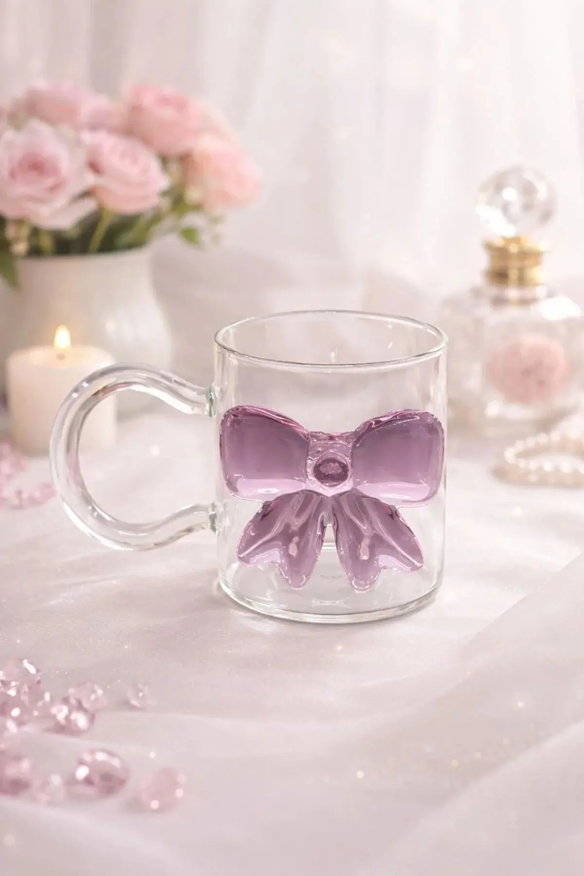 Pembe Fiyonk Kurdele Cam Kulplu Meşrubat Çay Kahve Bardağı Bardak Kupa 350ml Şeffaf