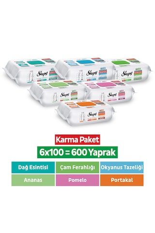 Sleepy Easy Clean Yüzey Temizlik Havlusu Mendili Doğa + Meyve Serisi 6x100 Karma Paket Beyaz