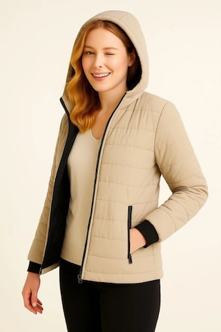 Şişme Kapüşonlu Fermuarlı Mont Su Itici Kapitone Astarlı Kumaş Cepli Kışlık Rahat Kalıp - Bej Bej