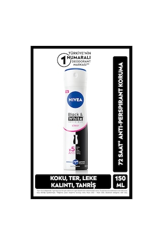 Kadın Sprey Deodorant Black&white Invisible Clear 150ml, 72 Saat Anti-perspirant Ter Koruma,alkolsüz